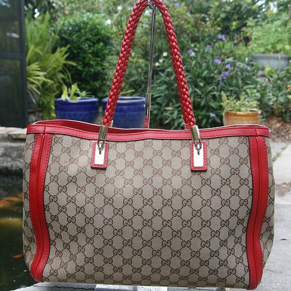 GUCCI BELLA TOTE BAG MONOGRAM CANVAS WITH RED LEATHER TRIM 100% AUTHENTIC - Picture 3 of 16